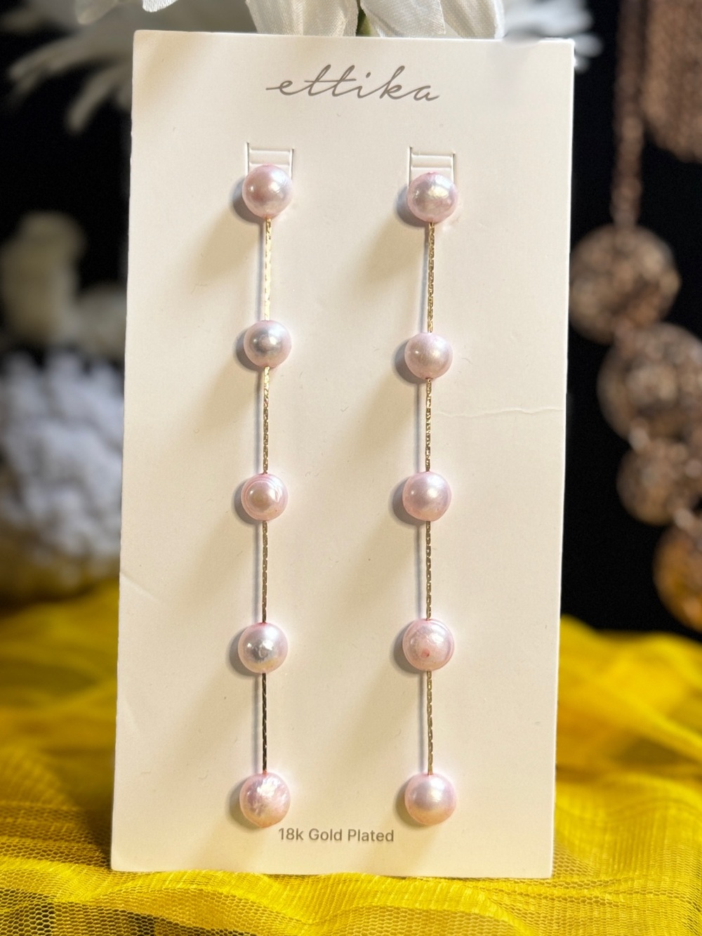ettika Rose Pearl Linear Drop Earrings in Soft Pink and Gold